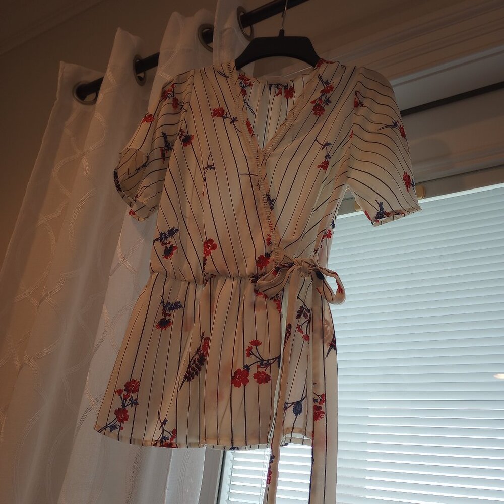 white red navy striped floral shirt